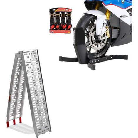 Alu-Ladebordwand max. 340 kg faltbar + Set Ständer Radkeil Motorrad vorne mit Easy Plus Ratschenriemen