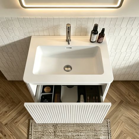 Lavabo de 60 cm de large avec meuble sous-vasque pour petites salles de bains, vasque en fonte minérale, design rainuré, meuble de salle de bains mural de 60 cm, blanc, pré-assemblé (1/4)