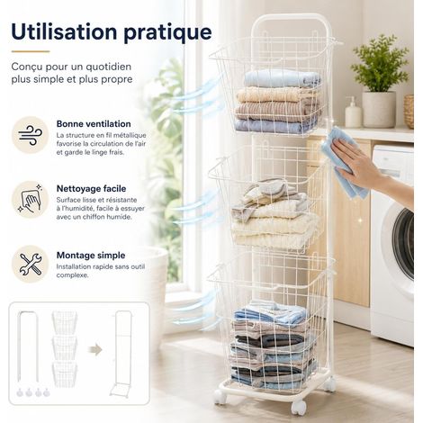 Panier à linge sur roues, panier à linge 3 compartiments, grand panier à linge avec poignées, 32 x 26 x 123 cm, panier à linge pour salle de bain, buanderie (1/5)