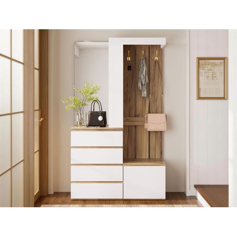 Vestiaire d'entrée avec miroir - 100x35x180 cm meuble de couloir avec 4 tiroirs 1 porte et patères en bois moderne - blanc et naturel (1/5)