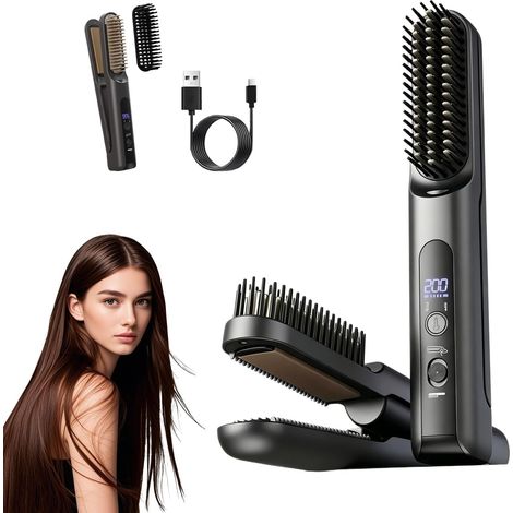 Brosse de coiffage sans fil, peigne ionique 2 en 1 avec ions négatifs, pour cheveux bouclés et frisés, convient à la maison et aux voyages (noir) (1/5)