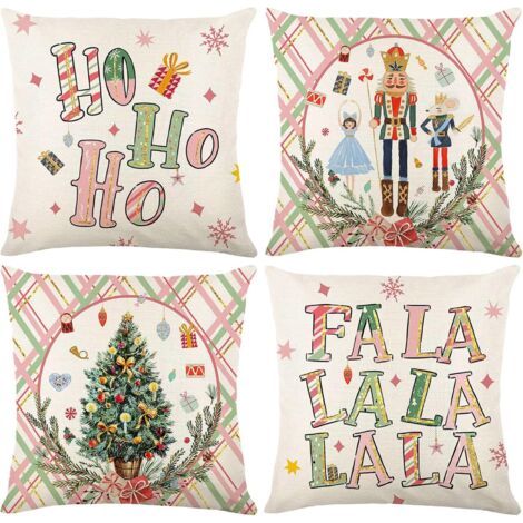 QORVA-4 Pièces Housse de Coussin de Noel 45x45cm, Housse Coussin Canape en Lin, Decoration de Noel Interieur Shabby Chic, Coussins Decoratifs pour Canapes