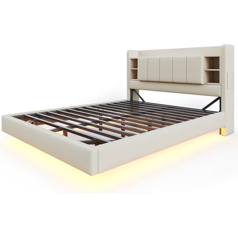 Cama doble capitoné 140 x 200 cm con USB, LED, almacenaje, estructura metálica, beige (1/5)