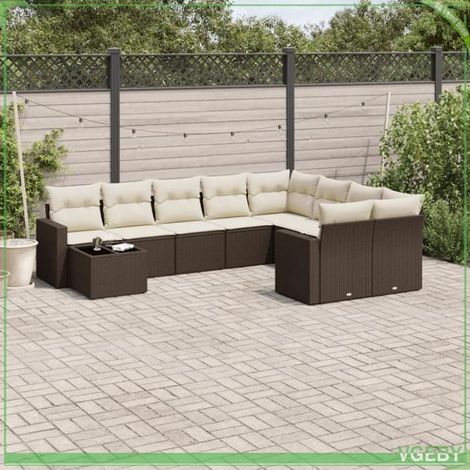 Salon de jardin - Ensemble 10 pcs - Résine tressée marron - Coussins déhoussables crème - Rangement sous assise (1/3)