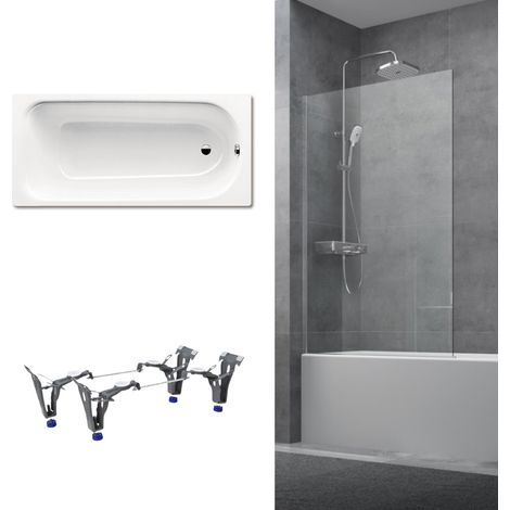 Kaldewei 170x75 cm Ensemble baignoire Saniform universelle + Pare baignoire fixe chrome + pieds (KW3731-SETP3)