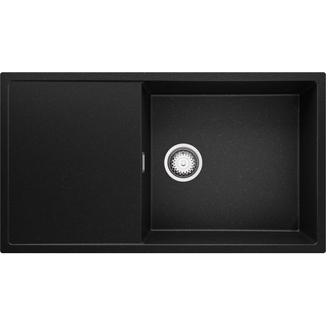 PRIMAGRAN Evier Cuisine en Granit 90x50cm, Lavabo 1 bac + Kit de Vidage, Évier à Encastrer au meuble 60cm - Ibiza, Noir Métallisé