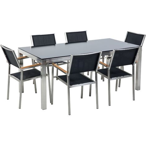 Set da Giardino Tavolo Piano in Vetro Nero e 6 Sedie Nere 180 x 90 cm Grosseto (1/5)