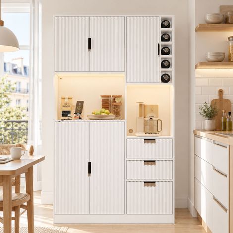 Armoire de cuisine haute 105 x 40 x 180 cm avec LED multicolore, 2 prises, USB/Type-C, casier à vin, 3 tiroirs et étagères réglables, blanc (1/5)
