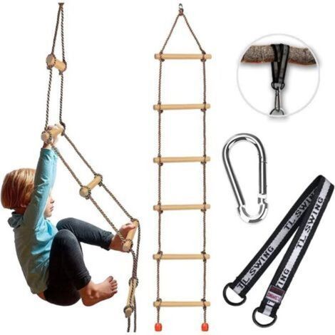 Échelle en Bois avec mousquetons,Échelle de Corde pour Enfants ,Équipement de Jeu pour échelle d'arbre ,Jouets d'escalade pour balançoire,Échelle en Corde à Bascule (1/5)