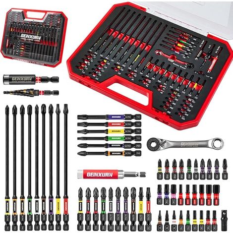 Geinxurn Set Embouts Tournevis S2, Mini Cliquet, Perceuse Étages, Porte-Embouts Magnétique, Douille, Adaptateur, Boîte Rouge (1/5)