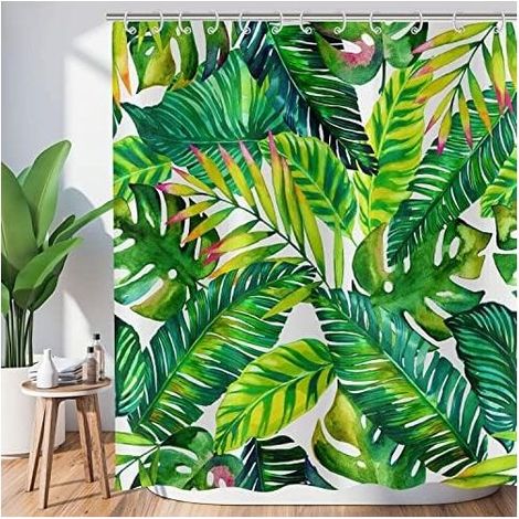 Tropical Leaves Shower Curtain 180x180, Green Banana Palm Leaves Shower Curtain Jungle Botanical Plant Bath Curtain Waterproof Polyester Fabric Washable Bath Curtain (1/4)