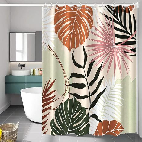 Botanical Rideau de Douche Abstrait Tropical Plantes Medieval Maple Palm Leaf Rideau de Douche Boho Boy Girl Bathroom Art Decor Curtain Geometric Tub Decoration Curtain 183x188cm (1/5)