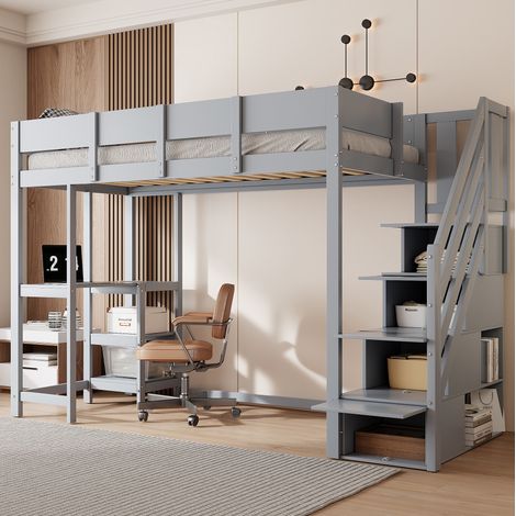 Lit mezzanine 90x200 cm gris en bois gris avec rangement et étagère, gain de place pour enfant (1/5)