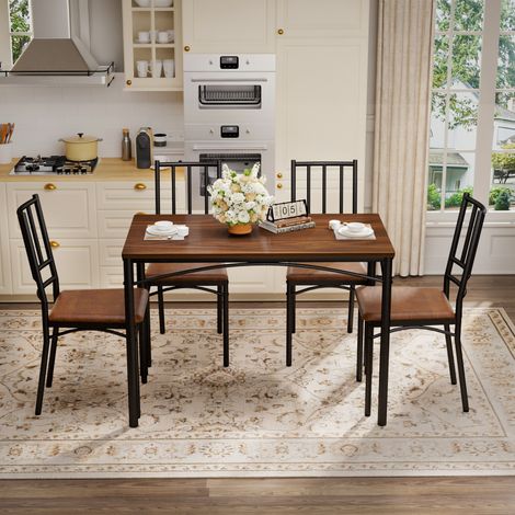 Ensemble table et chaises de salle à manger 110x60x76.5 cm avec 4 chaises blanc naturel rangement compact Noyer (1/5)