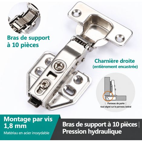 Charnière hydraulique déclipsable 1,8 mm 10 bras pour recouvrement total en acier inoxydable avec vis 1.8 10 réf 8384 – Livraison gratuite