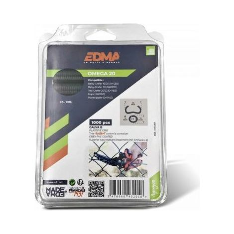 Agrafes OMEGA 20 grises pour agrafeuses EDMA – Lot de 1000 – Plastifié gris RAL 7016 – Pour bois dur et teck (1/5)
