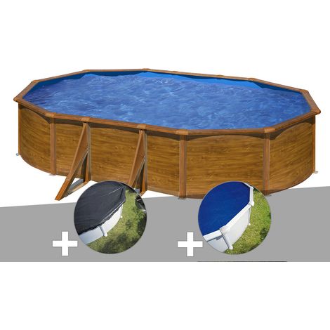 Kit piscine acier aspect bois Gré Pacific ovale 6,34 x 3,99 x 1,22 m + Bâche d'hivernage + Bâche à bulles