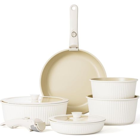 Set de casseroles et poêles induction antiadhésif avec poignée amovible, empilable, blanc céramique (1/5)