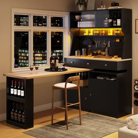 Ensemble bureau droit armoire haute table de bar, meuble multifonction LED pilotable appli, portes vitrées noir 137×74×177,7cm (1/5)