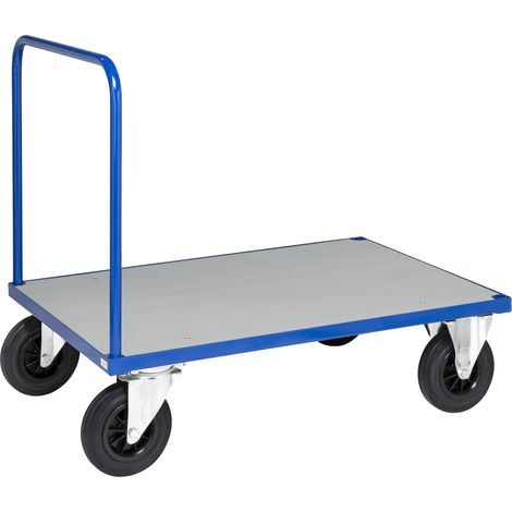 Kongamek Plattformwagen in blau 1200x800x900mm mit offenem Schiebegriff, verzinkter Ladefläche, Gummibereifung und Bremse