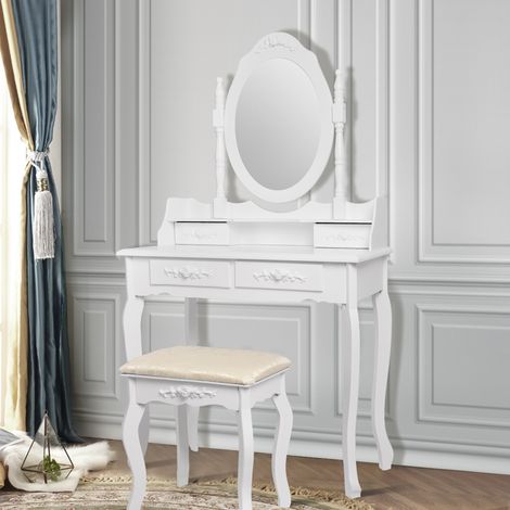 ML-Design Tocador moderno con Espejo Taburete 4 Cajones 75 x 139 x 40 cm Blanco Fabricado en Madera MDF Mesa de Peluquería Cómoda para Retoques de Maquillaje Belleza Gabinete Make Up (1/5)