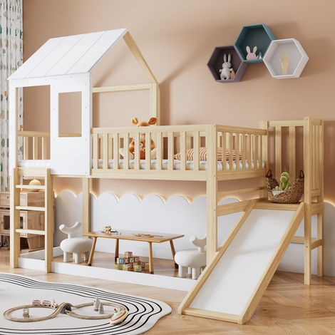 Lit superposé cabane 90x200 cm bois blanc avec toboggan, échelle, toit et fenêtres, idéal enfant, sans matelas (1/5)