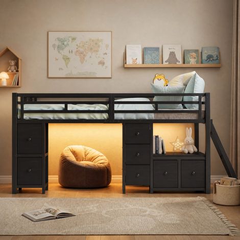 DESMIU Lit mezzanine enfant 90 × 200 cm 1 place avec 7 tiroirs, LED, sans matelas, en métal noir (1/5)