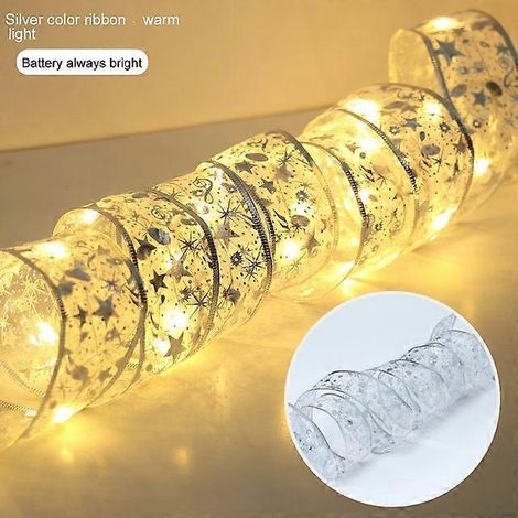 Guirlande lumineuse ruban, décoration de Noël, ornements pour sapin de Noël, guirlande lumineuse pour la maison, guirlande lumineuse de Noël, Navidad Natal, Nouvel An, modèle à piles argenté, 1 m (1/5)