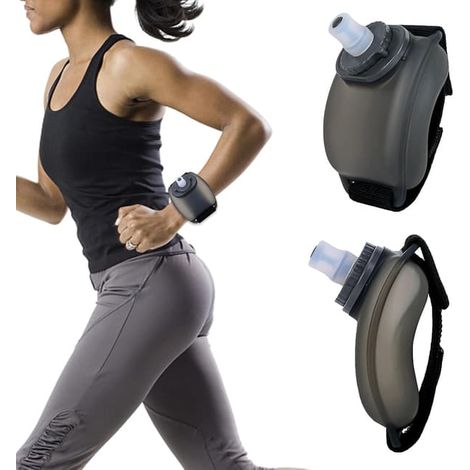 Gourde de sport à porter au poignet, mains libres et ajustable, en silicone, portable et étanche, idéale pour la course à pied, le cyclisme et l'escalade (noir). (1/5)