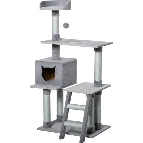 Tiragraffi Palestra pour Chats Multiniveaux avec Cabane Échelle Plateformes, Poteaux en Corde de Jute, Gris, 60.5x40x124cm (1/5)