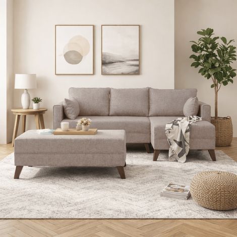 Schlafsofa Champagnerstoff – Ecksofa inklusive Fußhocker – Rechts