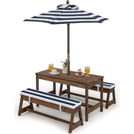Costway – Table de pique-nique pour enfants en bois de sapin – Parasol réglable – 2 bancs avec coussins – Dimensions 89 x 44 x 50 cm – Couleur bleue