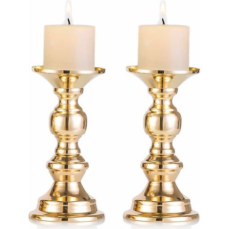 2 portacandele a colonna in metallo dorato, ideali per matrimoni, centrotavola con candele da 50 mm e supporto, decorazioni perfette per matrimoni, eventi speciali e feste.