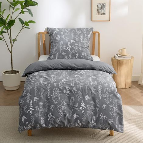 BEDSURE Parure de lit 2 pièces 135 x 200 cm en coton gris – Housse de couette réversible 135 x 200 cm avec taie d'oreiller 80 x 80 cm – Certifié ÖKO-TEX – Motif plantes et fleurs, avec fermeture (1/5)