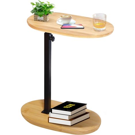 Table d'Appoint en Forme de C Réglable en Hauteur Petite Table Basse Latérale en Bambou et Métal Bout De Canape pour Salon, Salle de Bain, Lit, Canapé et Café (1/5)