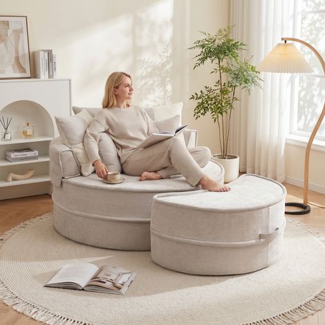 Canapé rond avec 5 coussins et pouf pour salon et chambre, gris (1/4)
