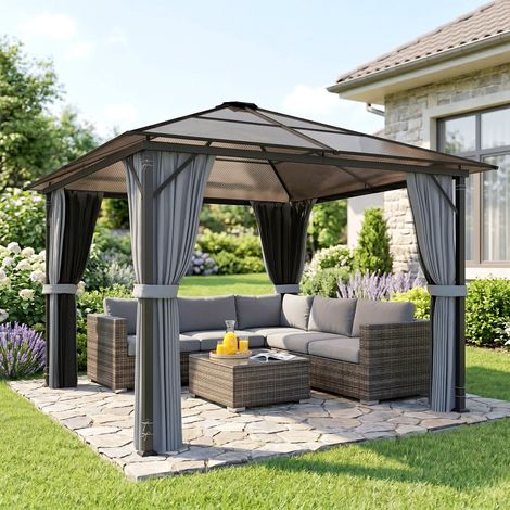 Pavillon avec toit en polycarbonate, rideaux avec moustiquaire, structure en aluminium, 3 x 3 m (1/5)