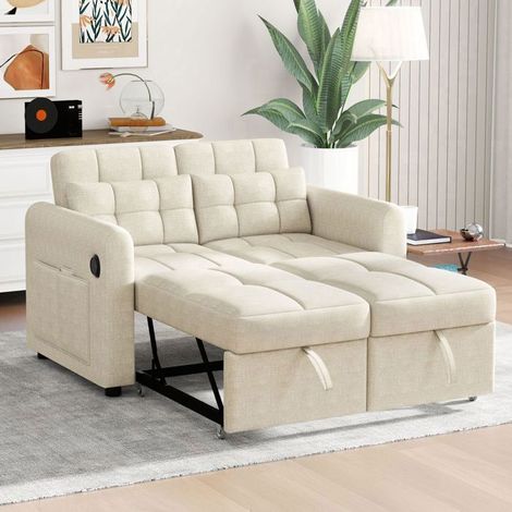 Canapé convertible - SOGEU - Canapé convertible 3 en 1 - 2 places - Tissu coton-lin beige - Dossier réglable 3 positions (1/5)