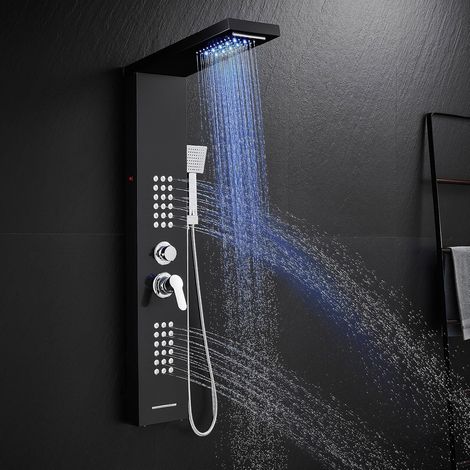 Colonne de douche LED avec mixeur, 5 modes Colonne de douche : pluie et cascade, jets de massage corporel, pommeau et bec de bain, panneau de douche en acier inoxydable noir (1/5)
