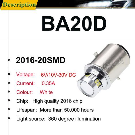 1 ampoule LED 6V/12V Ba20d H6 S1 pour phare de moto, 20 SMD, feux de route/croisement, blanc 6000K, pour moto, scooter, cyclomoteur, quad, SSV. (1/3)