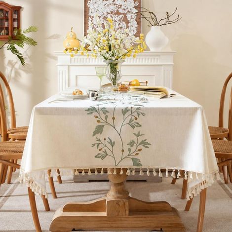 Nappe lavable Coton Lin avec pompons 140x180cm Rectangulaire