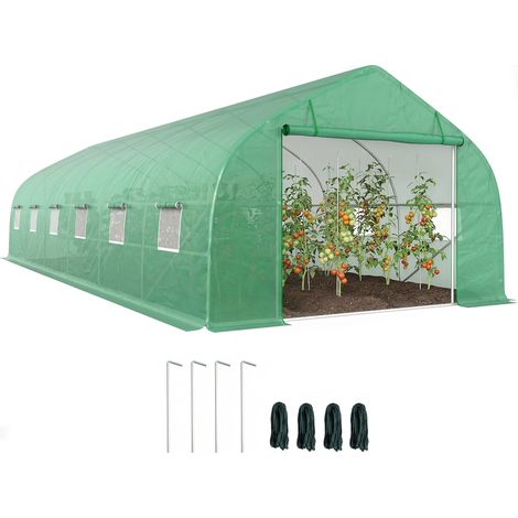 Grande serre tunnel 8x3x2 m cadre acier bâche PE porte enroulable et 12 fenêtres vert