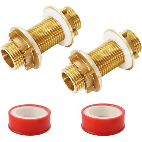 1/2 Pouce Raccords de Réservoir d'Eau en Laiton - 2 Pièces Passe-Paroi pour Citerne/Seau à Pluie/Château d'Eau - avec Écrous et Ruban d'Étanchéité (1/5)