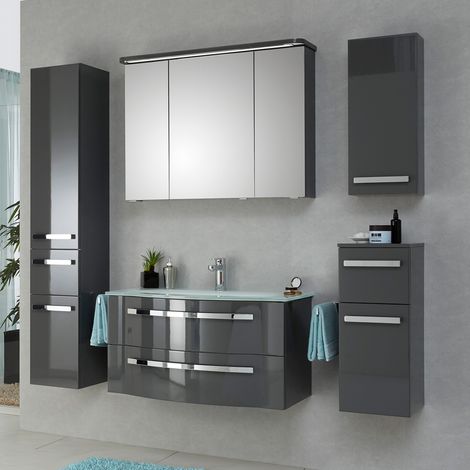 Badmöbel-Set 5-tlg FES-4005-66 in Lack Quarzgrau mit Glaswaschbecken & LED-Spiegelschrank - B/H/T: 182/200/49,1cm (1/5)