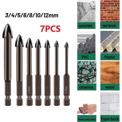 Lot de 7 forets hexagonaux cruciformes pour carrelage, verre et céramique, en alliage d'aluminium, de 3 à 12 mm. Outils électriques.