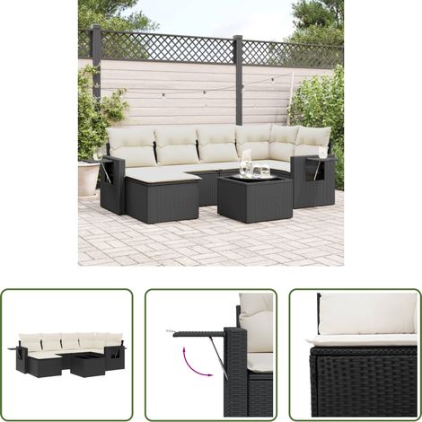 vidaXL Set de comedor de jardín 7 pzas y cojines ratán sintético negro (1/5)