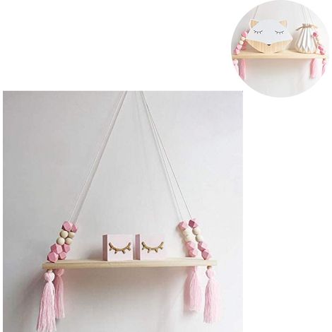 Etagère Flottante En Bois - Panneau Pin Nouvelle-Zélande 38 x 14 x 1 cm - Avec Pompons Et Perles Bois - Pour Chambre Salon Bureau - 1 Pièce (1/5)