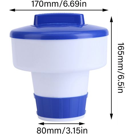 Dispensador flotante de productos químicos fabricado en PVC azul y blanco para piscinas y jacuzzis, tamaño M - Dispensador de pastillas desinfectantes para piscinas pequeñas, jacuzzis y fuentes, ajust (1/2)