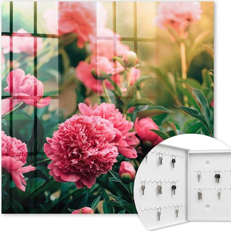 Armoire à clés - (30 cm x 30 cm) - Boîte à clés murale - Coffret de rangement pour clés - Couleur blanche - Ouverture vers la gauche - Pour maison et bureau - pivoines roses (1/5)