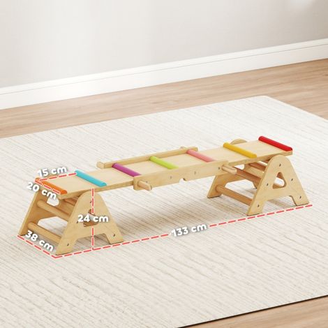 Poutre d'équilibre 2-en-1 en bois massif pour enfants, planche à bascule multifonction pour jardin, jeu d'équilibre 133x38x24 cm, balançoire pivotante Montessori (1/5)